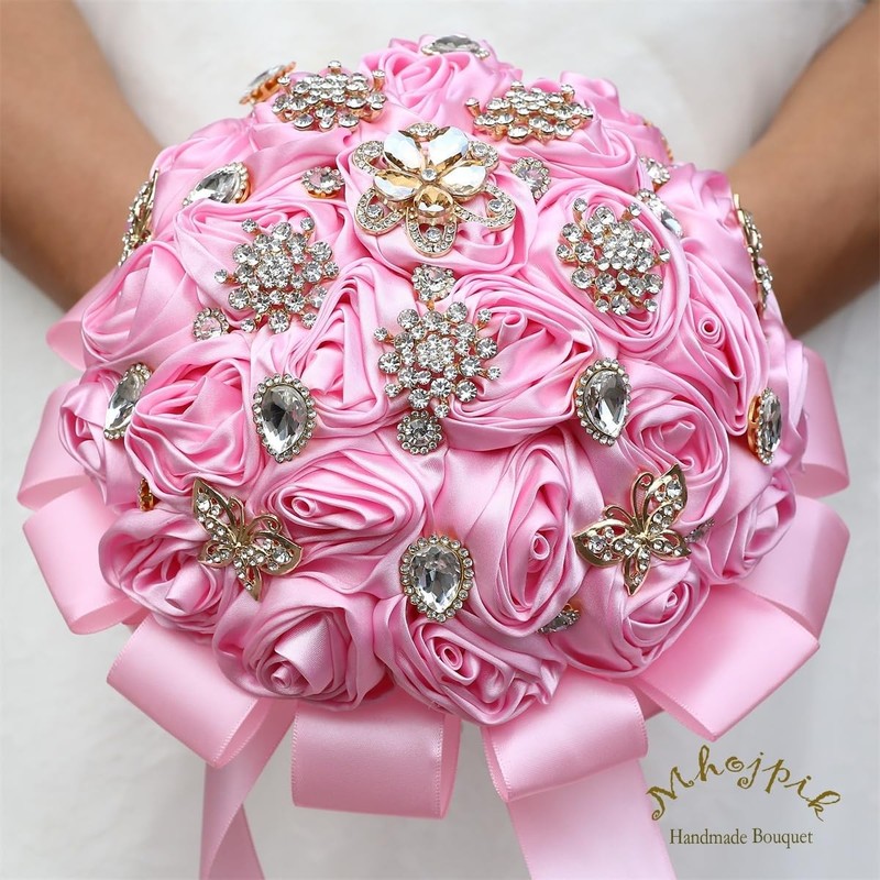 Mhojpik 7.5 Pink Bridal Wedding Bouquet Round Bling Brooch Bouquet Throw Toss gallery