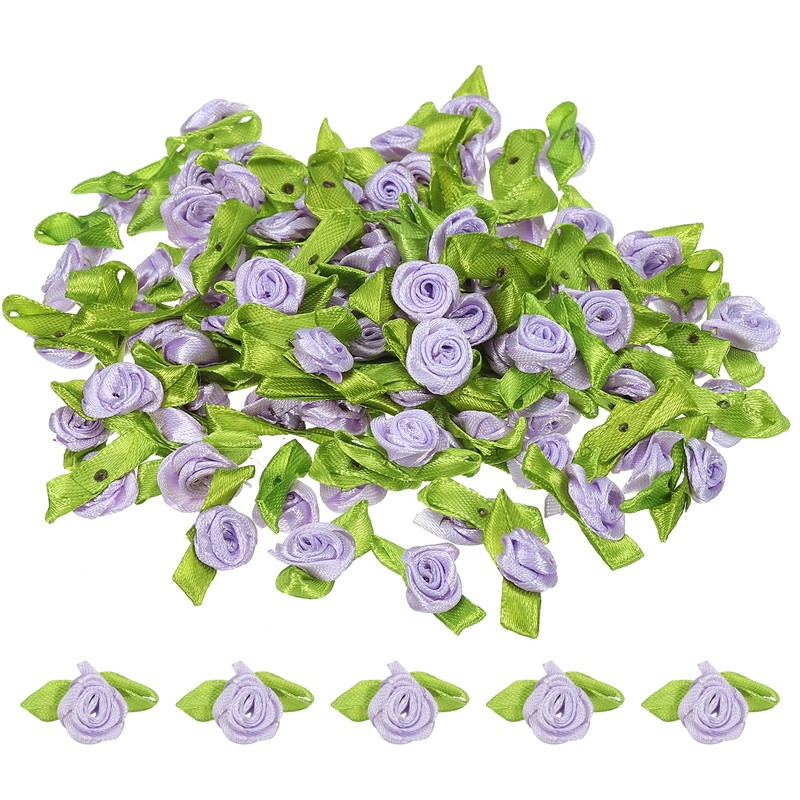 Mini Ribbon Roses, 200 Pcs Satin Fabric Flowers with Green Leaves, Light Purple
