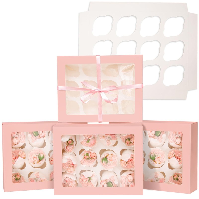10 PCS Pink 12 Cupcake Containers Box Carrier With Window 13x10x3.5 Inch