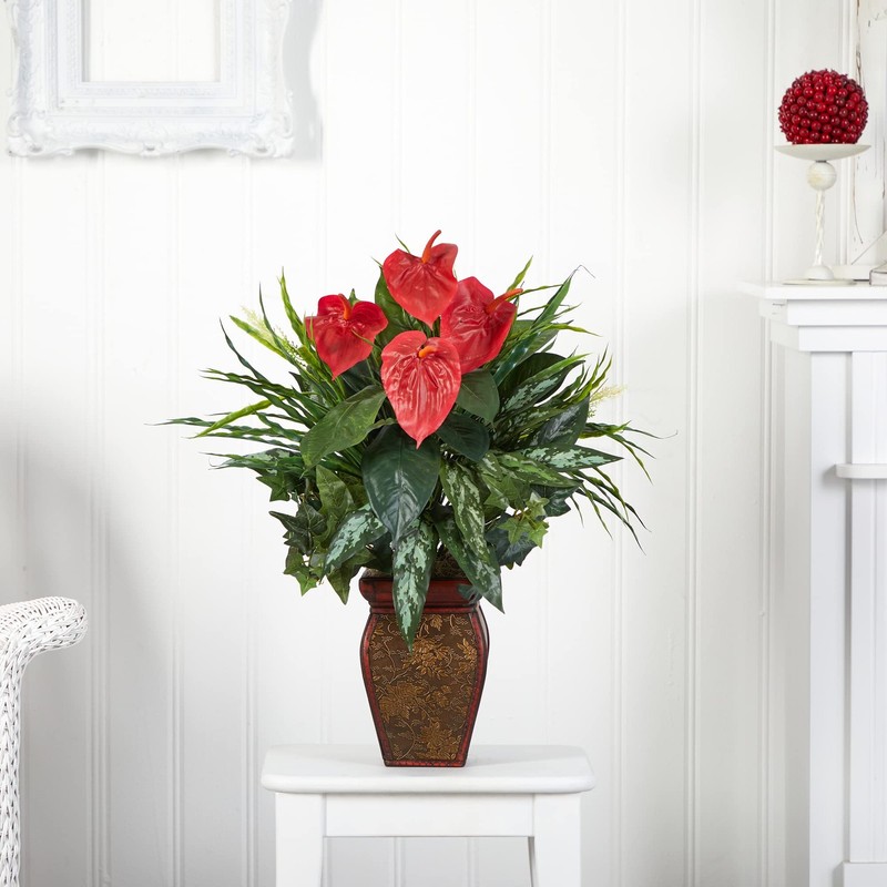 Nearly Natural 6678 Mixed Greens & Anthurium Silk Plant - Decorative Vase gallery