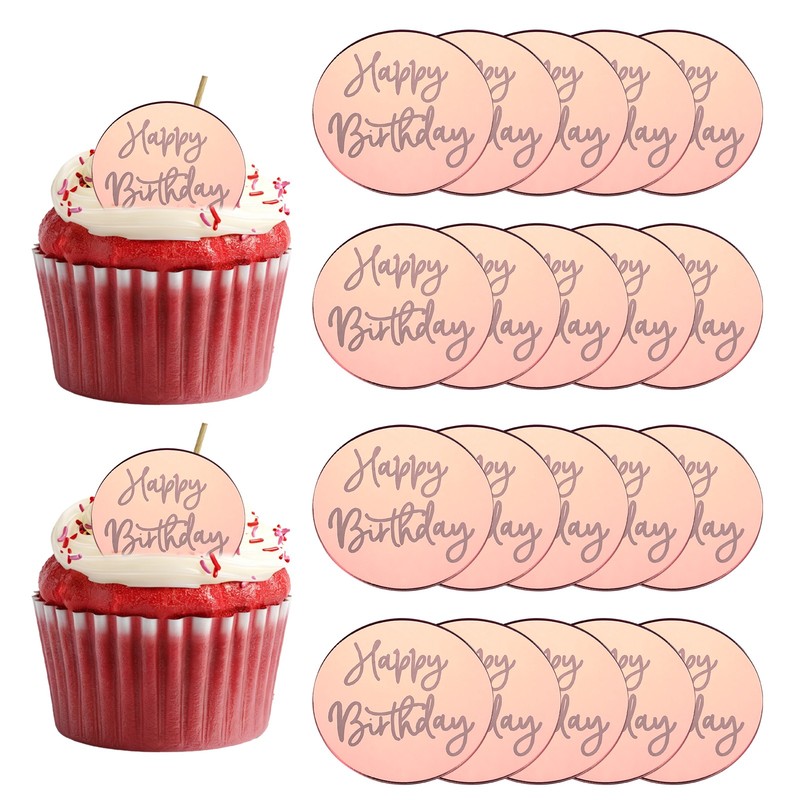 20Pcs Acrylic Mirror Happy Birthday Cupcake Toppers Round  Shapes, 002-Rose Gold