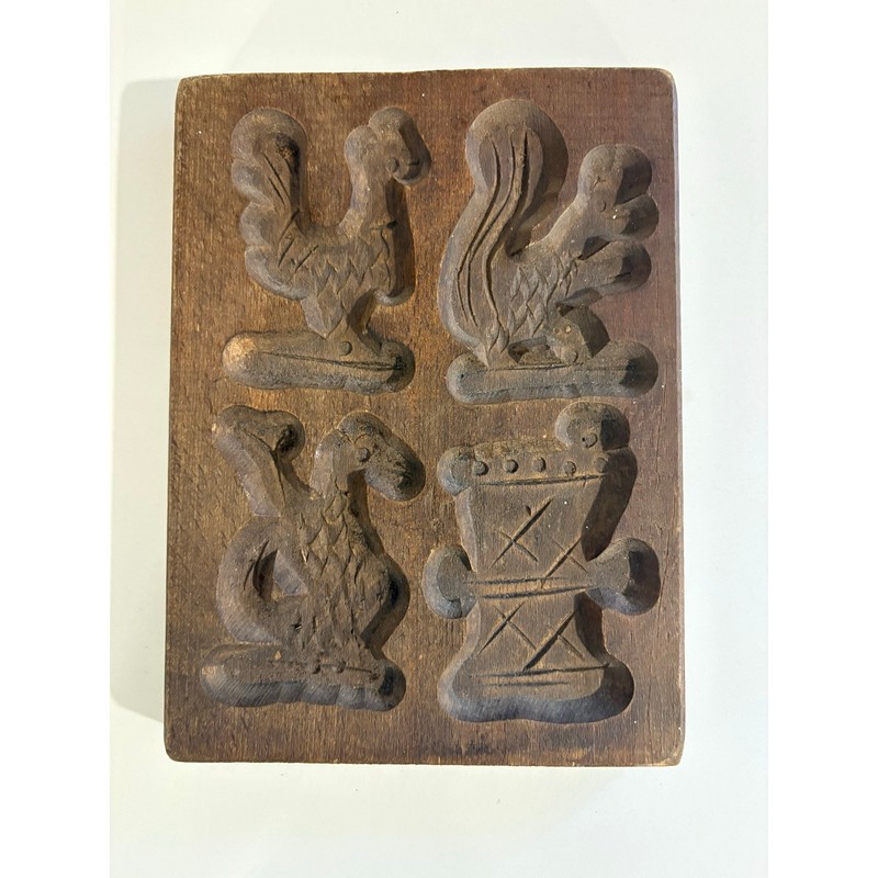 Antique Wooden Dutch German Butter Cookie Mold with Roosters gallery