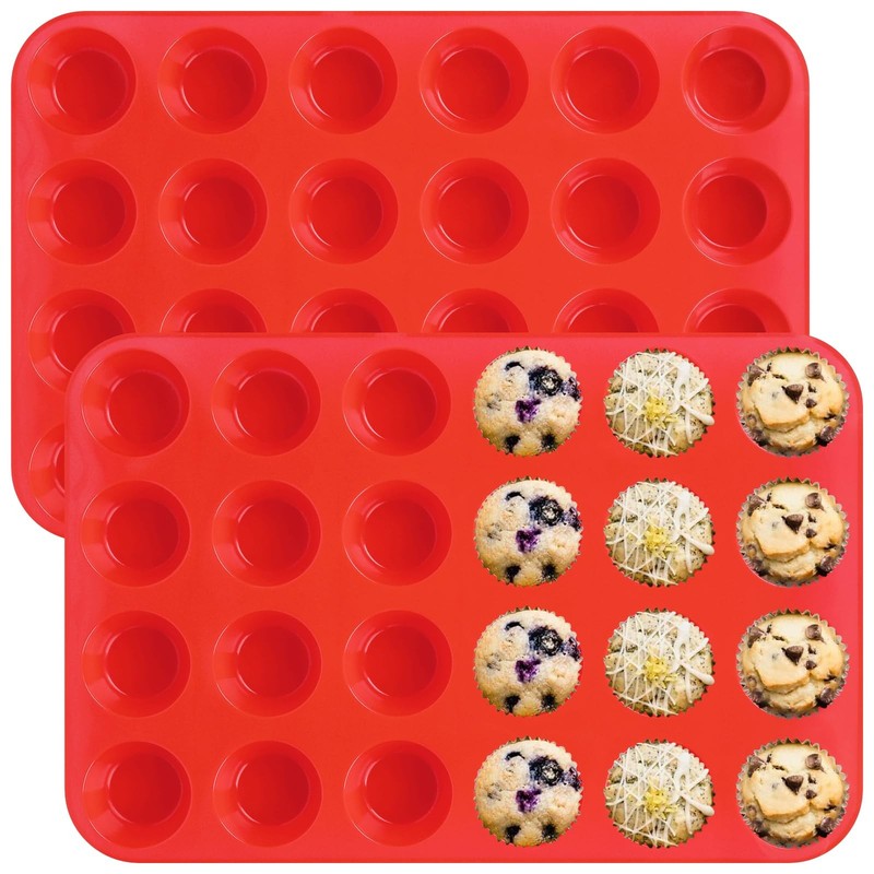 Sakolla 2 Pack Silicone Muffin Pan, Mini Molds 24-Cavity, Red