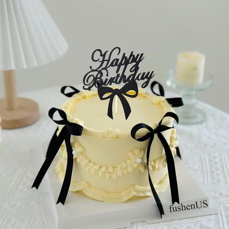 Black Bows for Cake, 12 PCS Black Vintage Ribbon Bow Cake Topper with 1PC Happy gallery