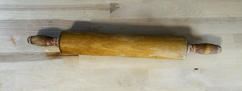 Vintage Wood Plain Rolling Pin with Handles, Brown Solid, 15 in x 2.5 in
