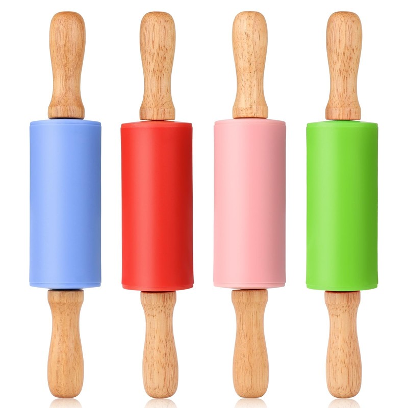 4 PCS Mini Silicone Rolling Pin For Kids NonStick Wood Handle 9 Inch Baking