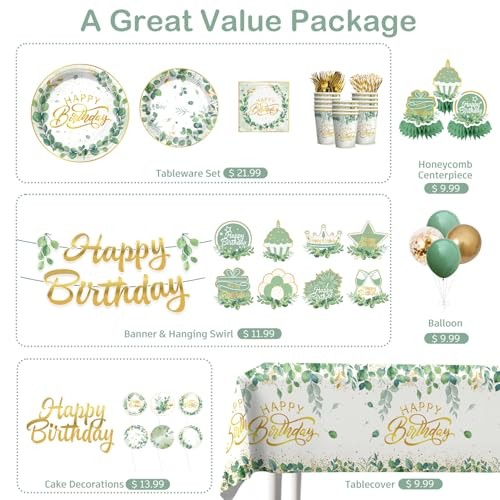 213 Pcs Sage Green Birthday Decorations Plates and Napkins Set, Gold 25 Guests gallery