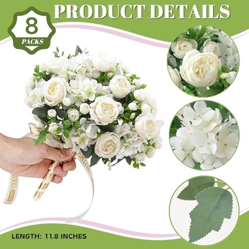 8Pcs White Peonies Artificial Flowers Mixed Hydrangea - 8PCS gallery