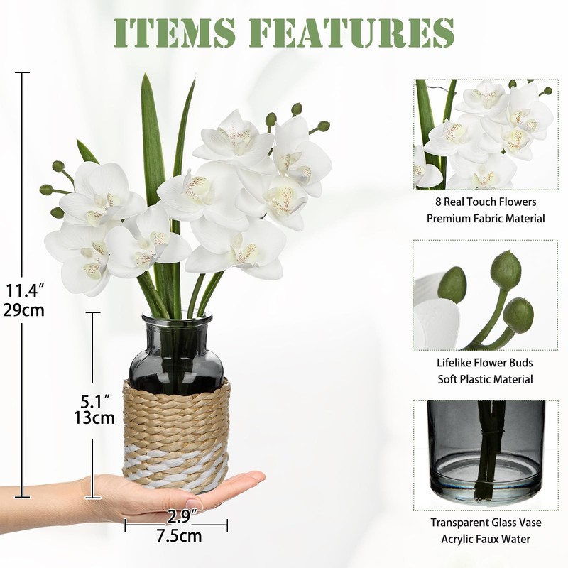 Oairse White Orchids Artificial Flowers Vase Small Faux Orchid Arrangement Fake gallery