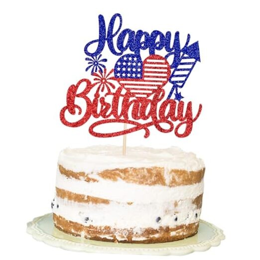 American Happy Birthday Cake Topper,Blue Red Glitter Independence Day Blue Red1