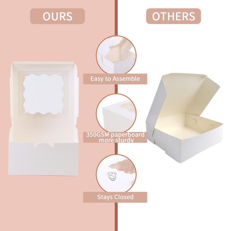 100 Pcs 6x6x3 Small Cake Boxes with Window, Cookie & Dessert Containers, White gallery