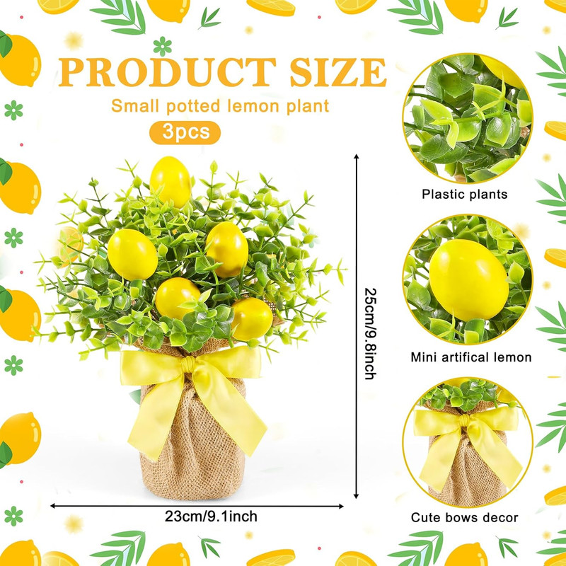 3 Pack Artificial Potted Lemon Flowers Plastic Faux Lemons in Small Burlap Bag V gallery