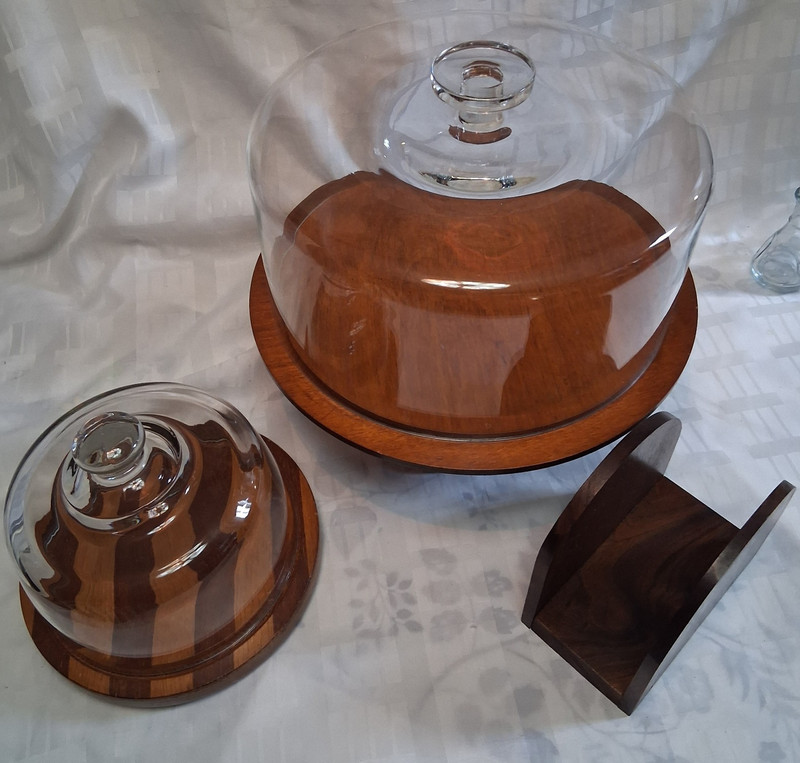 Vintage MCM Wooden Entertaining Lot Cake Stand Cheese Dome Walnut Napkin Holder