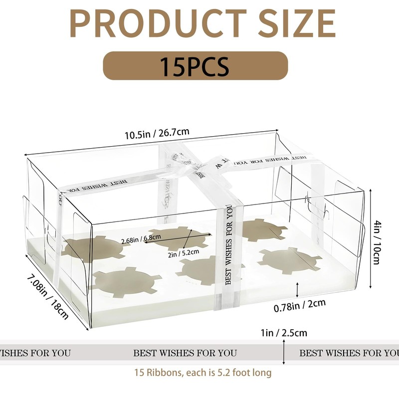 15 PCS Clear Cupcake Boxes 6Count Containers With Ribbon 10.5x7.08x4 Inch gallery