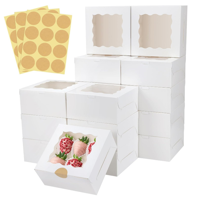 30 Pcs White Bakery Boxes with Window, 6 X 6 X 3 Inches, White Paperboard Treat