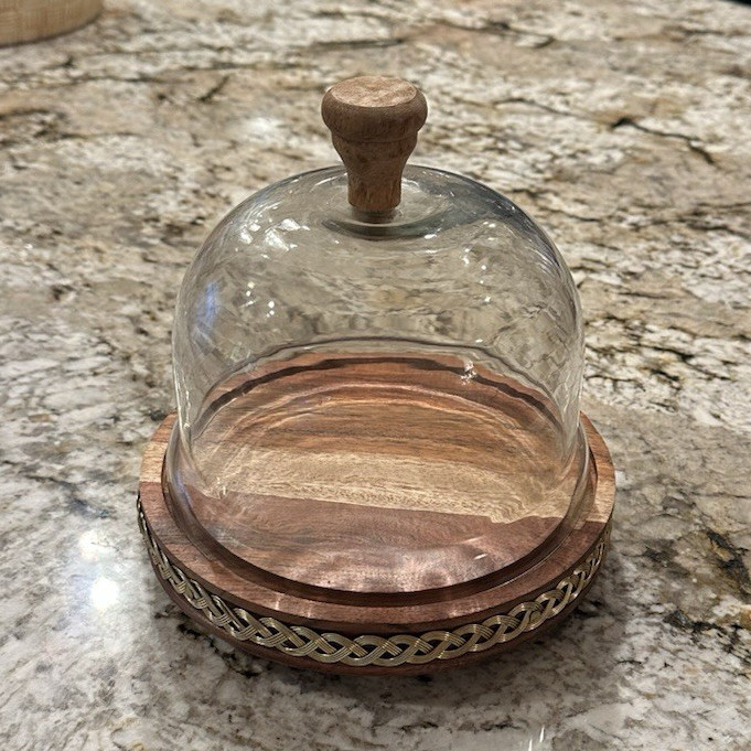 Wood and Brass Cheese Board w/ Glass Cloche