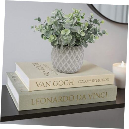 Decorative Storage Books Set of 2, Linen Cover, Gold Letters, White Sage-Beige gallery