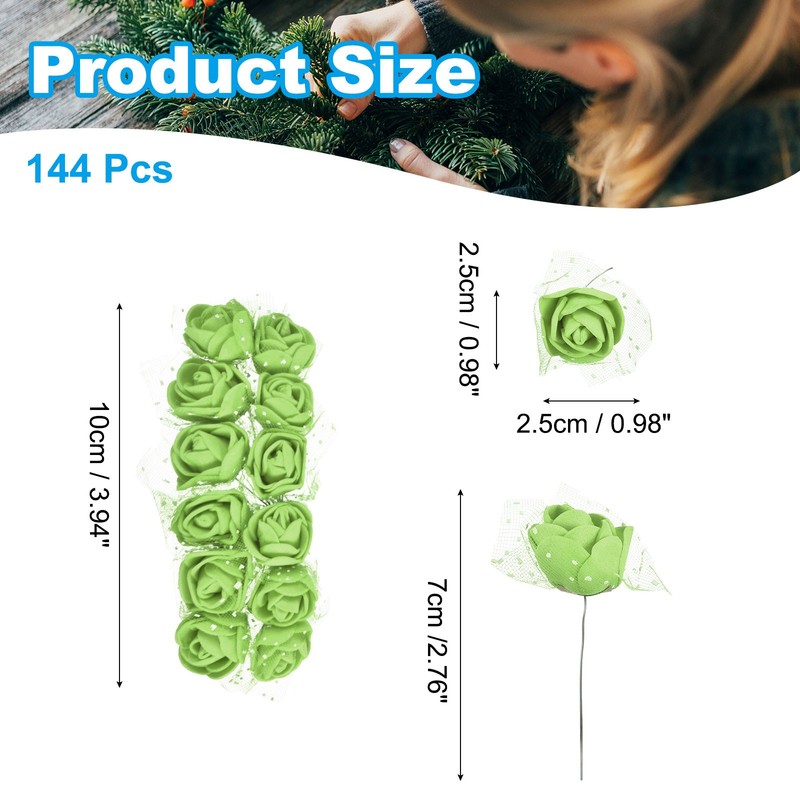 144Pcs Mini Roses Artificial Flowers for Heads with Stem and Gauze, Green gallery