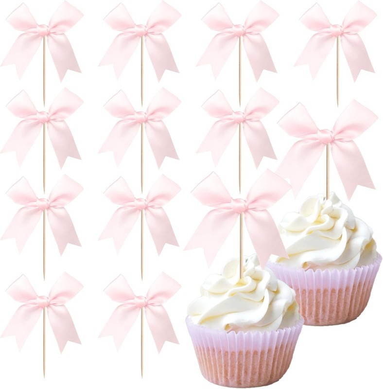 24 PCS Bow Cupcake Toppers Bowknot Coquette Bow Girls Birthday Cake Decorations