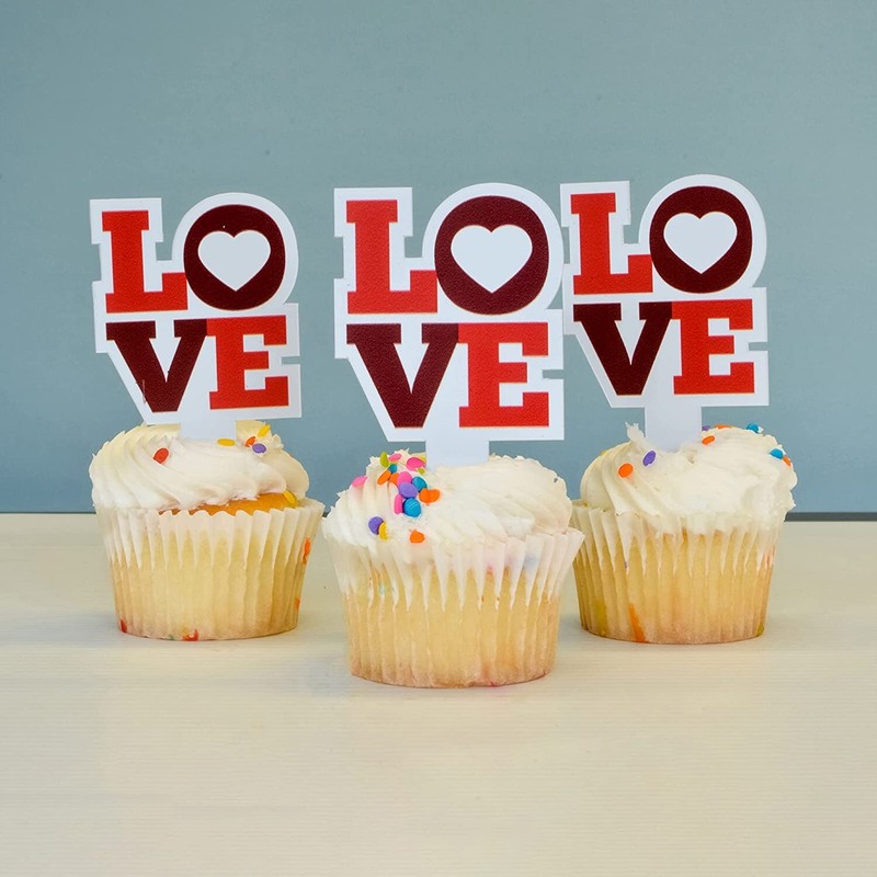 Valentines Cupcake Toppers Set of 100 Love Stacked Plastic Cupcake Picks, 2×4 In