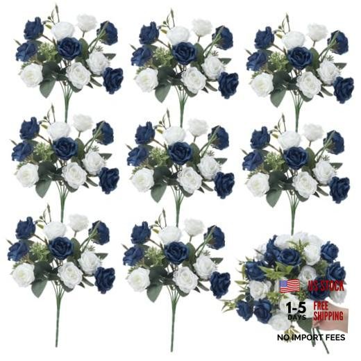 8 Pack Artificial Mini Roses 12 Inch Fake Flowers with Navy Blue and White