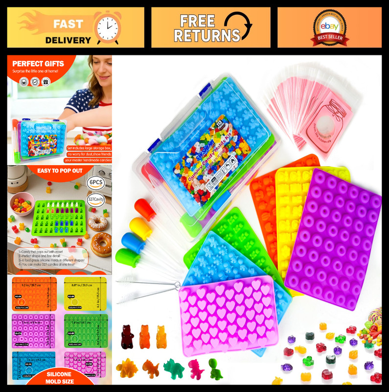 112PCS Silicone Gummy Candy Molds Kit - BPA Free, 20 Shapes, 4 Droppers, 2 Brush