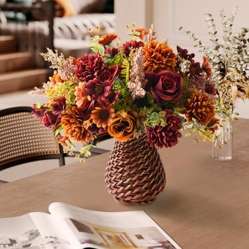 Artificial Faux Flowers in Vase, Fake Silk Floral Arrangements Rose Brown gallery