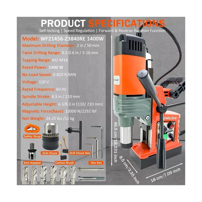 Magnetic Drill Press, 1400W Mag Drill Press with 2" Dia. 2922lbf/13000N Mag F... gallery