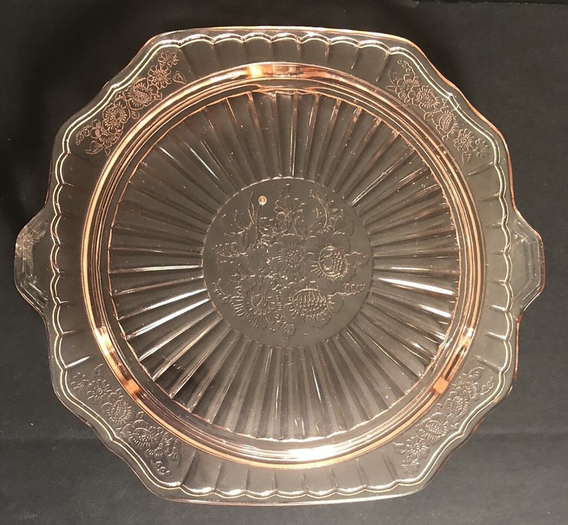 BEAUTIFUL MAYFAIR OPEN ROSE DEPRESSION PINK GLASS CAKE PLATTER 10”