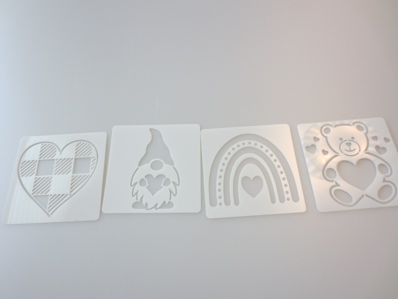 4, 3″ SQUARE VALENTINE DAY STENCIL CRAFTS CAKES KNOME LOVE HEART RAINBOW
