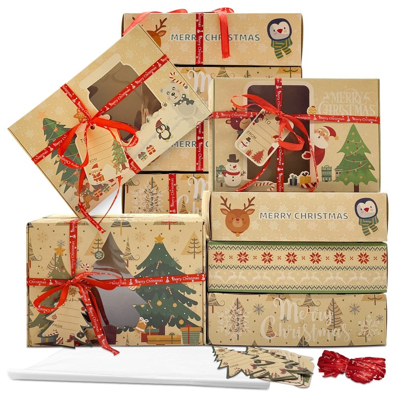 12 Packs Brown Christmas Cookie Boxes with Window for Gift Giving, Cute Carto…