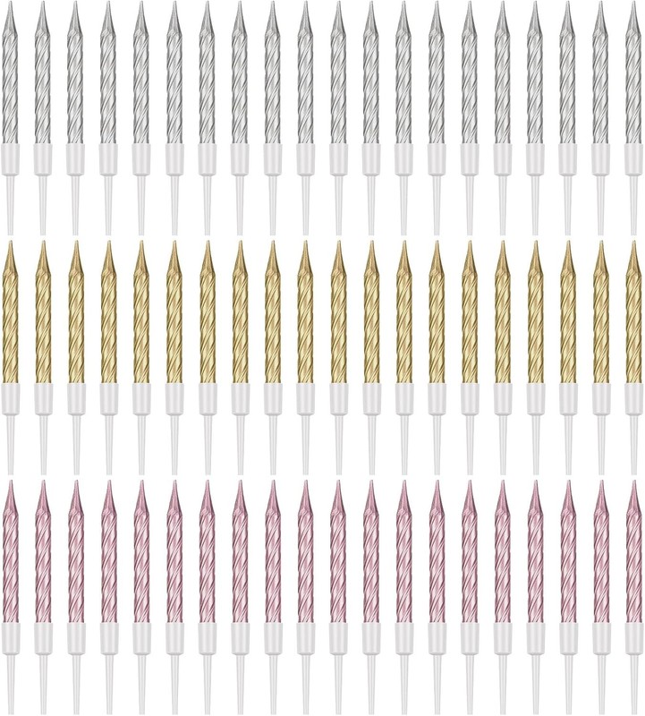 60 Pack Spiral Birthday Candles with Holders, Gold Silver Rose Gold Metallic