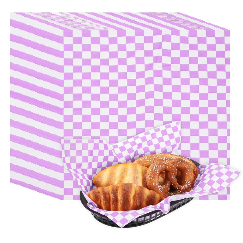 50pcs Checkered Wax Paper Sheets with 5 Pcs Fast Food Baskets, Purple