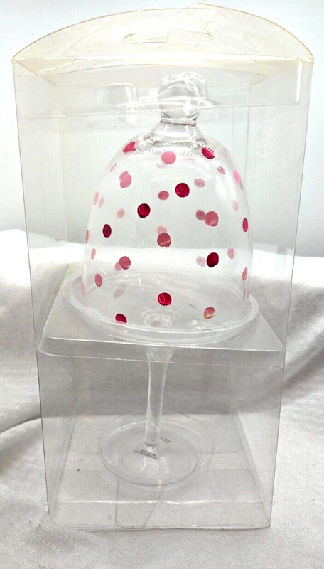 Glass Lidded Cupcake Holder/Stand -Glass Pedestal /Dome- Pink/Red Polka Dots NIB