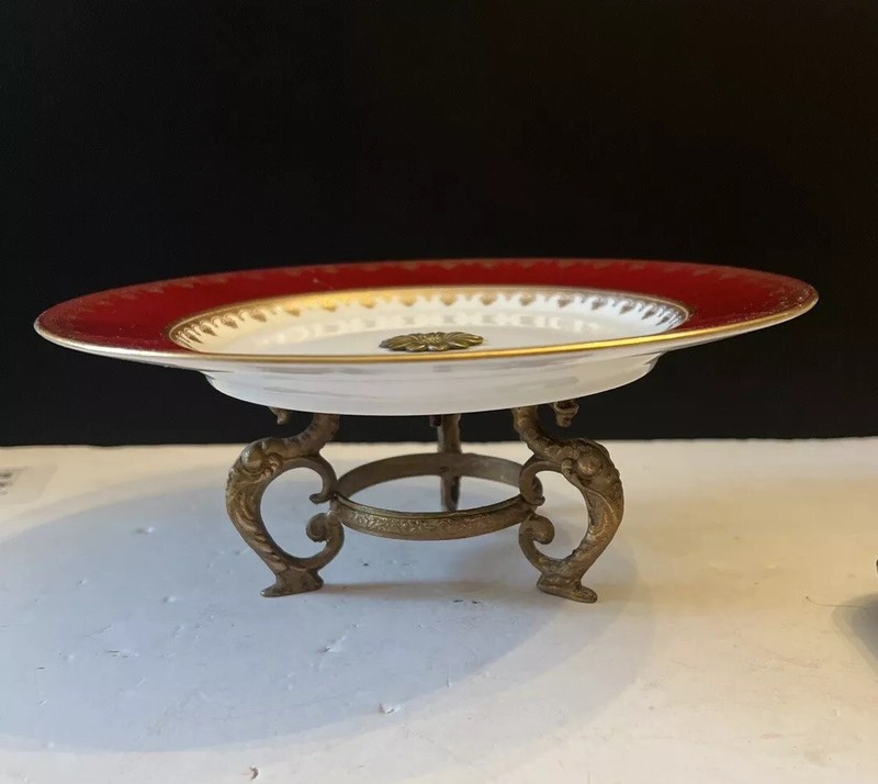 Vintage brass tripod w/China Plate 9”Diam. And 3.75”H Red &White Cake Stand
