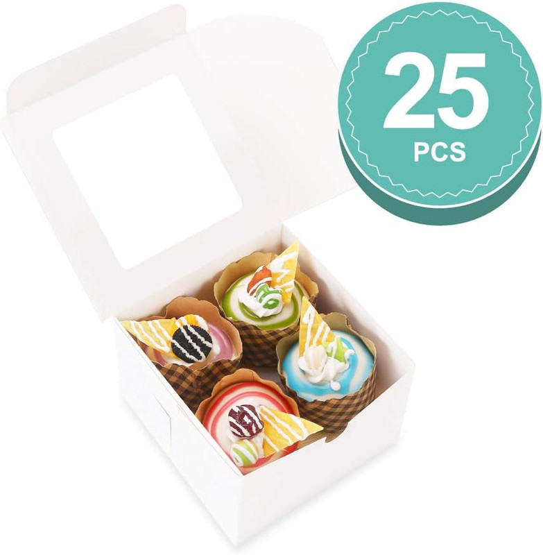 BAKIPACK 25 White Bakery Boxes with Window, 6X6X4 Inches Cake Boxes with Window, gallery