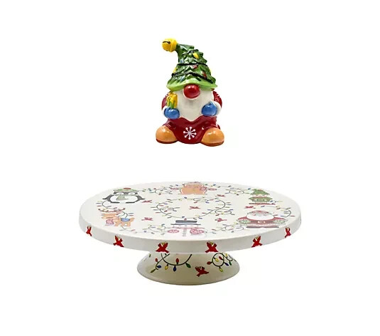 Temp-tations Seasonal Ceramic Cake Plate with Figural Ornament Winter Whimsy
