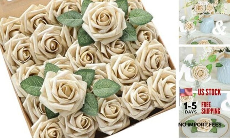 Artificial Flowers 25pcs Real Looking Champagne Gold Foam Fake Roses with
