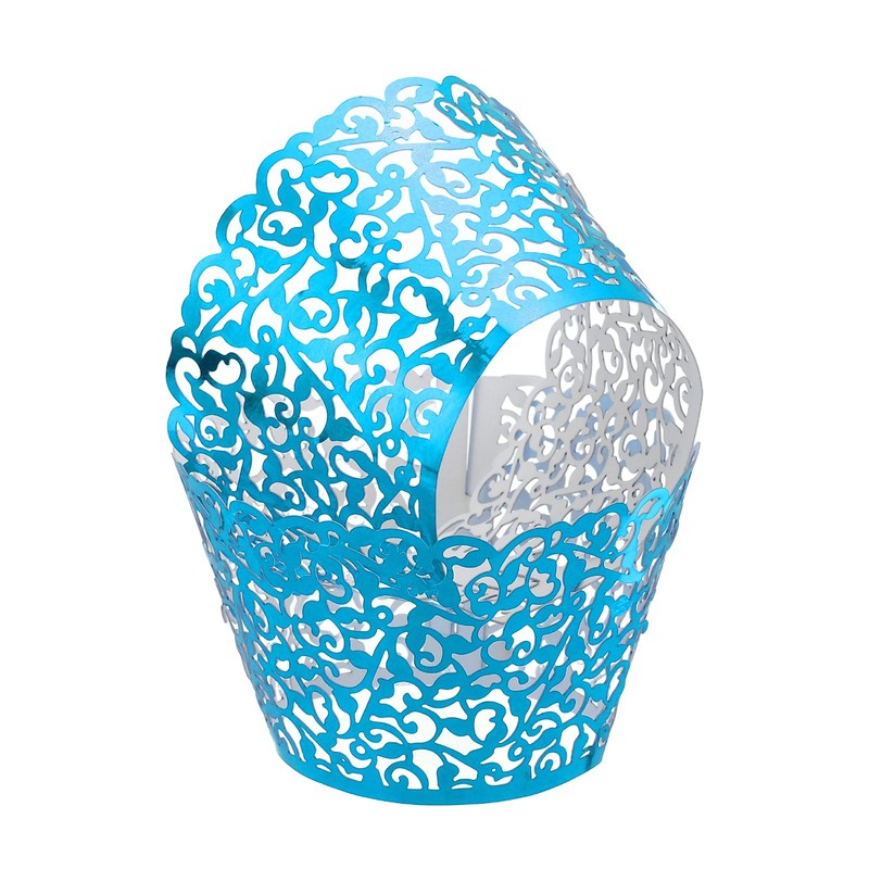 50 Pcs Lace Cupcake Liners Vine Designed Laser Cut Cupcake Wrap, Reflective Blue
