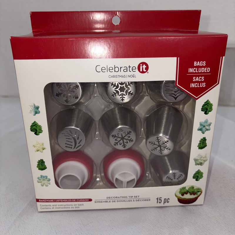 Christmas Cake Decorating Tips,Piping bags,Couplers-Snowflakes, Holly & Tree-New