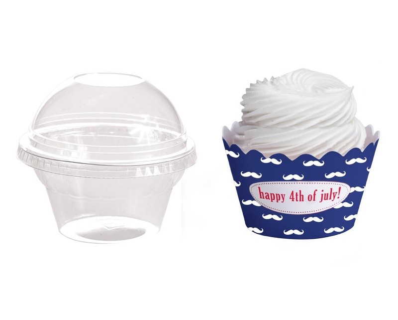 Dress My Cupcake 25 Favor Dome Containers w/Wrappers Mustache Happy 4th of July