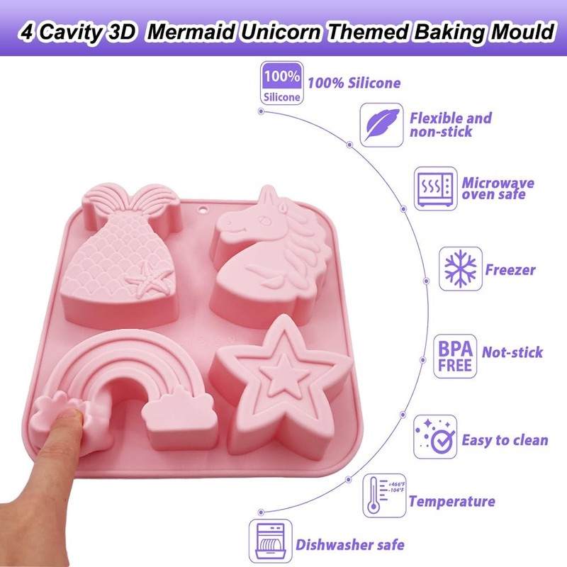 Benekiy 2 Pack Unicorn Molds Silicone 4 Cavity 3D Big Cartoon Themed Baking gallery