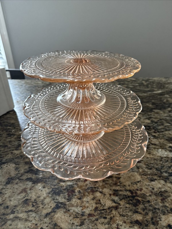 Vintage Pink Peach Glass 3 Tier Dessert Stand Shabby Chic Tea Party Display
