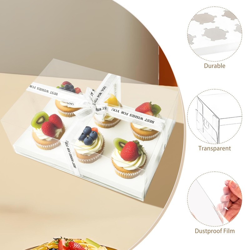 15 PCS Clear Cupcake Boxes 6Count Containers With Ribbon 10.5x7.08x4 Inch gallery