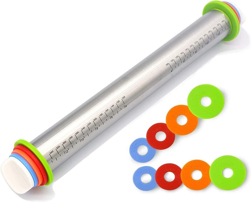 Adjustable Rolling Pin with Thickness Rings for Baking,17″ 17.12, Silver