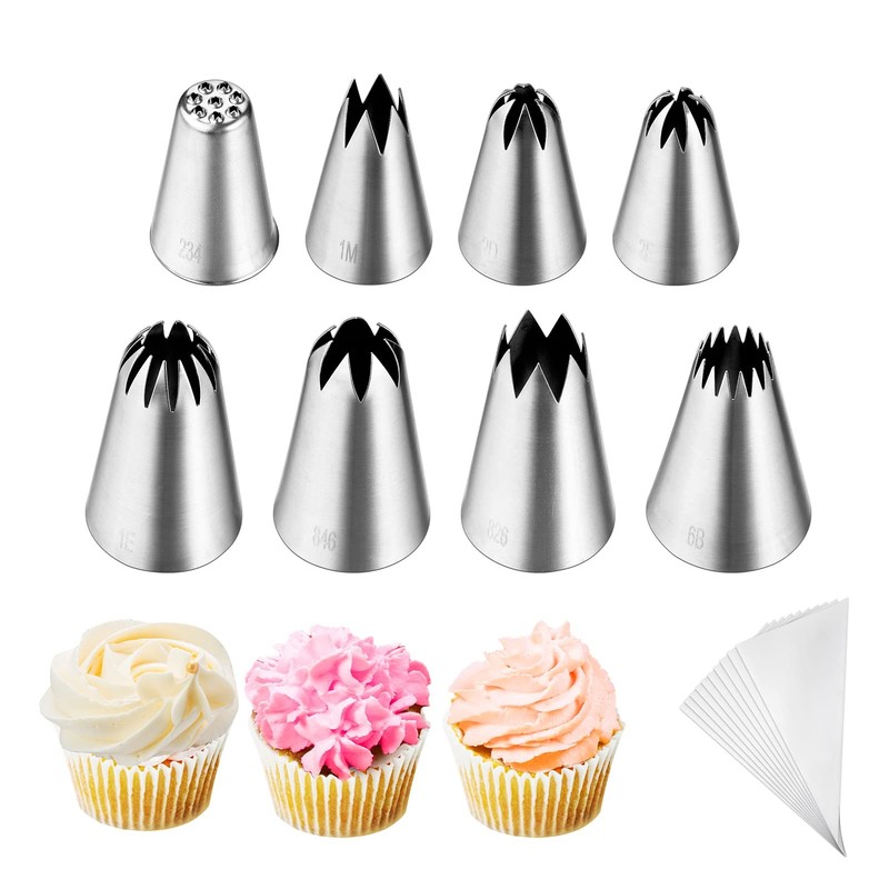 8Pcs Large Piping Tips Set,Stainless Steel Icing Tips with 10 Disposable Past…
