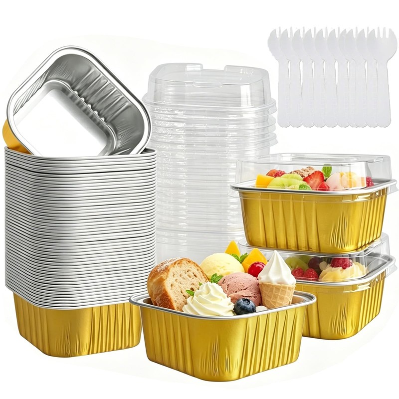50 Pack Mini Cake Pans with Lids, 5oz Square Aluminum Foil Baking Cups with 5…