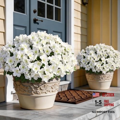Bundles Artificial Flowers for Front Door, Fake Silk Azalea Bouquet 8 White