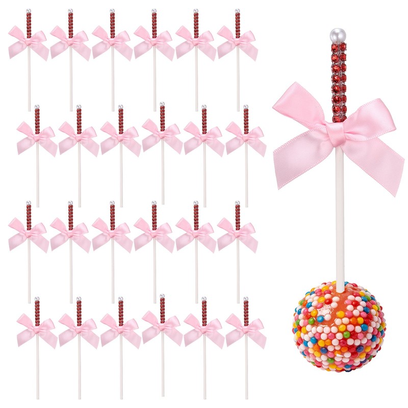 24 Pcs Bling Rhinestone Cake Sticks, Bow Lollipop Cake Toppers Pick, Bright Red