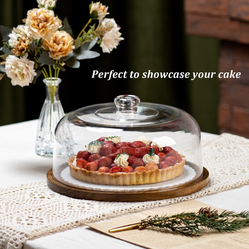 Cake Stand with Dome Lid, Acacia Wood Cake Plate with Cover, Wooden Cake Disp... gallery